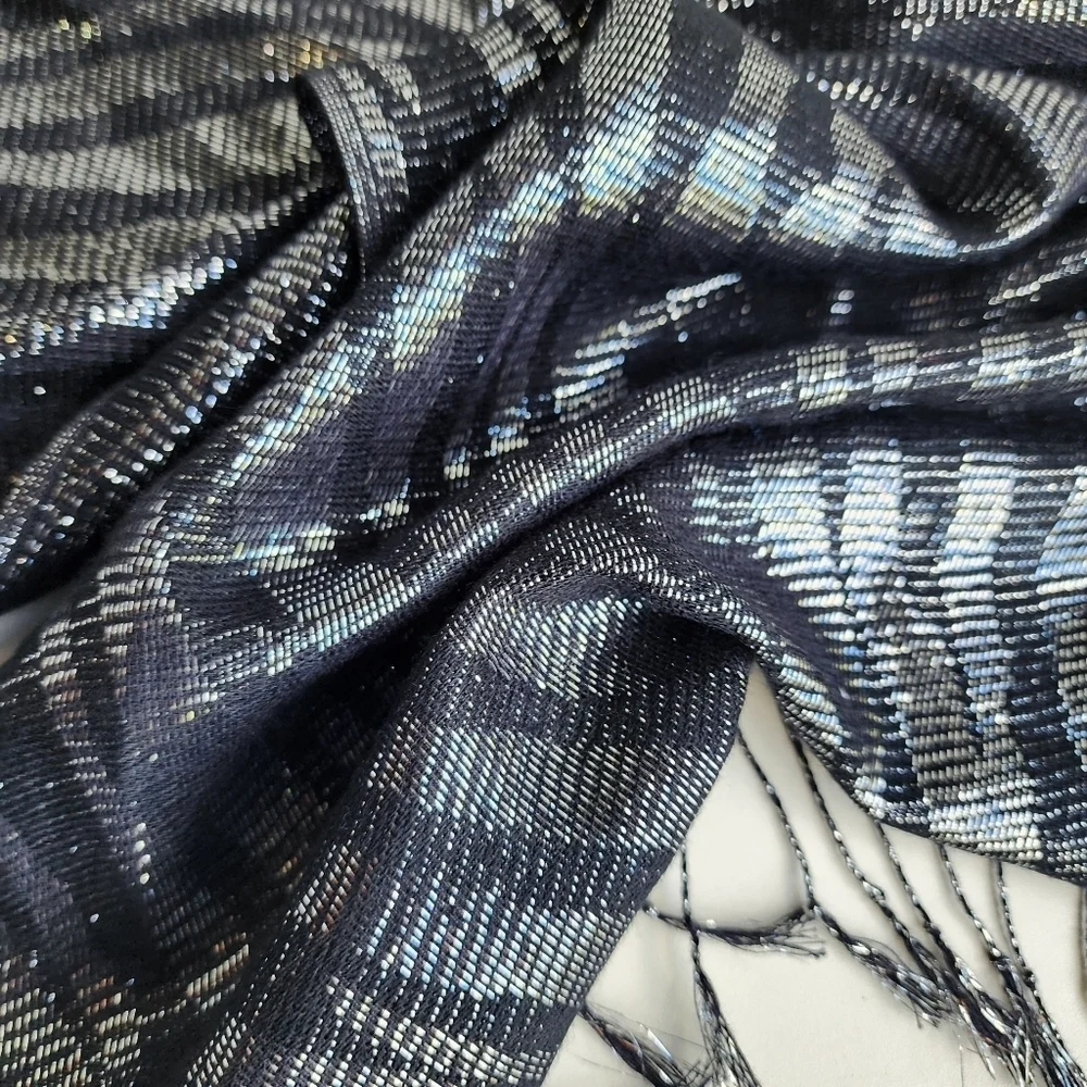 Women's Black & Silver Metallic Animal Print Scarf Shawl Fringe 78